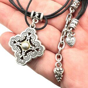 Brighton Womens Necklace Prestige Pearl Pendant Black Leather Silver 16 - 18"